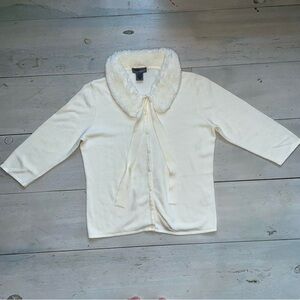 Designers Originals Luxelon Women’s Off White Sweater Faux Fur Collar Y2K Size M